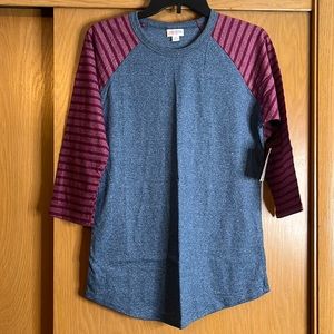 Lularoe blue Randy style shirt with patterned sleeves, size medium